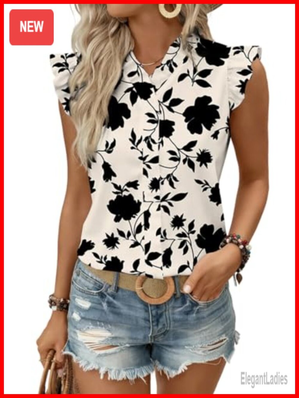 Womens Floral Chiffon Boho Blouse Ruffle Sleeve V-Neck Tank Top Beach